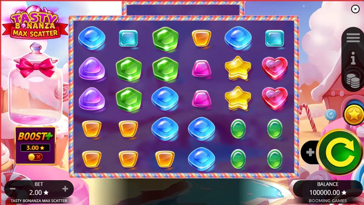 Interface do jogo Tasty Bonanza Max Scatter em um dispositivo móvel